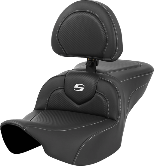 SADDLEMEN Roadsofa Seat - Carbon Fiber - Silver Stitch/Silver Logo - with Backrest - FL '23-'24 - 823-07-185BR - PartsOutlet.com.au