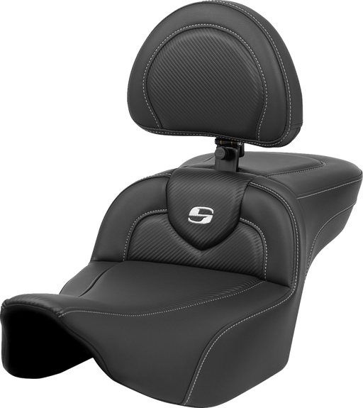 SADDLEMEN Roadsofa Extended Reach Seat - Carbon Fiber - Silver Stitch/Silver Logo - w/ Backrest - FL '23-'24 - 823-07-186BR - PartsOutlet.com.au