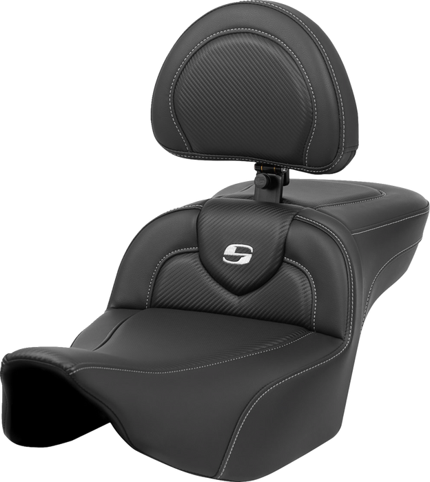 SADDLEMEN Roadsofa Extended Reach Seat - Carbon Fiber - Silver Stitch/Silver Logo - w/ Backrest - FL '23-'24 - 823-07-186BR - PartsOutlet.com.au