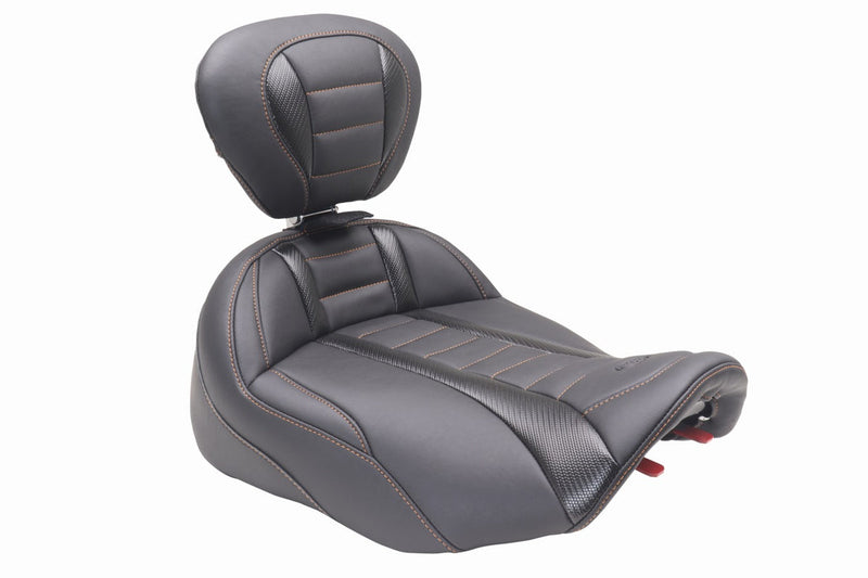MUSTANG Deluxe Touring Solo Seat - w/ Backrest - Mandarin Orange Stitch - FLT/FLH '23-'25 - 89401MO