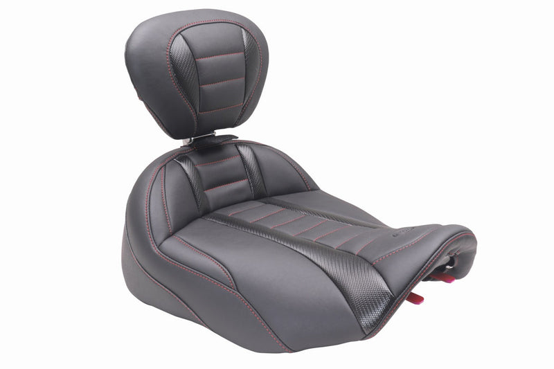 MUSTANG Deluxe Touring Solo Seat - Extended Reach - w/ Backrest - Dark Cherry Stitch - FLT/FLH '23-'25 - 89401DC