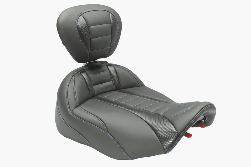 MUSTANG Deluxe Touring Solo Seat - Extended Reach - w/ Backrest - Sky Blue Stitch - FLT/FLH '23-'25 - 89401SB