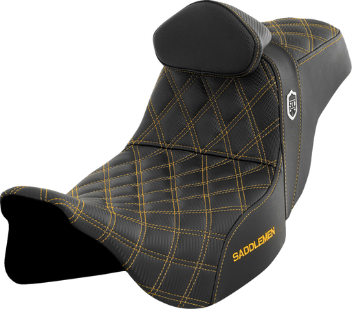 SADDLEMEN Pro Series SDC Performance Seat - with Backrest - Gold Stitch - FLH/FLT '08-'23 - SC80807GOLRT - PartsOutlet.com.au