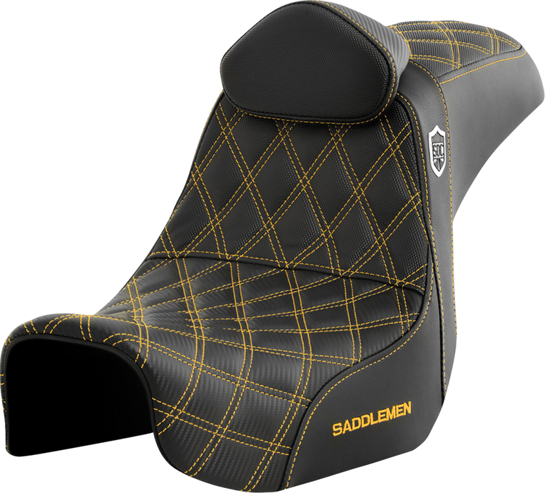 SADDLEMEN Pro Series SDC Performance Seat - with Backrest - Gold Stitch - Dyna '06-'17 - SC80604GOLRT - PartsOutlet.com.au