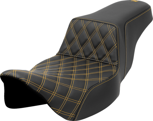 SADDLEMEN Step-Up Seat - Front Lattice Stitch - Gold Stitch - Extended Reach - FLH/FLT '08-'23 - A808-07E-172GOL - PartsOutlet.com.au