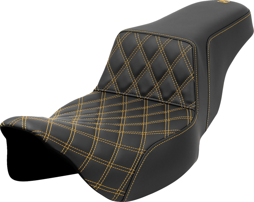 SADDLEMEN Step-Up Seat - Front Lattice Stitch - Gold Stitch - Extended Reach - FLH/FLT '08-'23 - A808-07E-172GOL - PartsOutlet.com.au