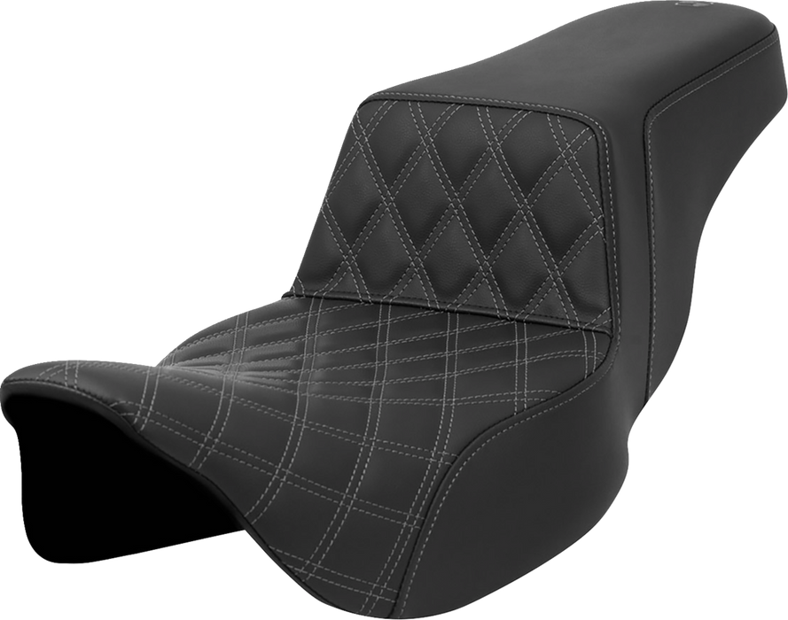 SADDLEMEN Step-Up Seat - Front Lattice Stitch - Gray Stitch - Extended Reach - FLH/FLT '08-'23 - A808-07E-172GRE - PartsOutlet.com.au