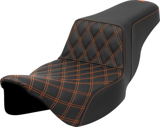 SADDLEMEN Step-Up Seat - Front Lattice Stitch - Orange Stitch - Extended Reach - FLH/FLT '08-'23 - A808-07E-172ORA - PartsOutlet.com.au