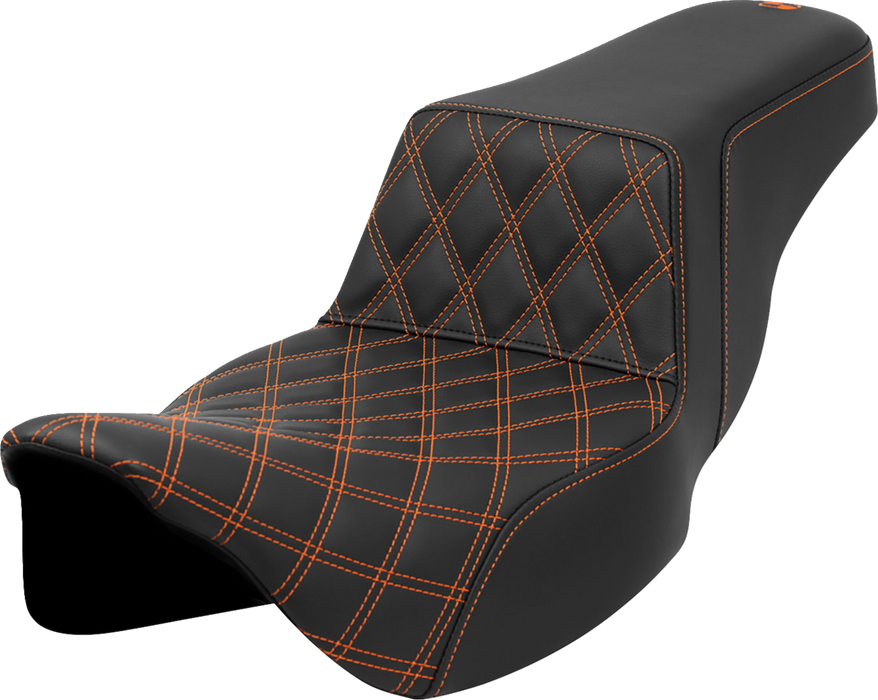 SADDLEMEN Step-Up Seat - Front Lattice Stitch - Orange Stitch - Extended Reach - FLH/FLT '08-'23 - A808-07E-172ORA - PartsOutlet.com.au