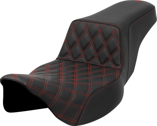 SADDLEMEN Step-Up Seat - Front Lattice Stitch - Red Stitch - Extended Reach - FLH/FLT '08-'23 - A808-07E-172RED - PartsOutlet.com.au