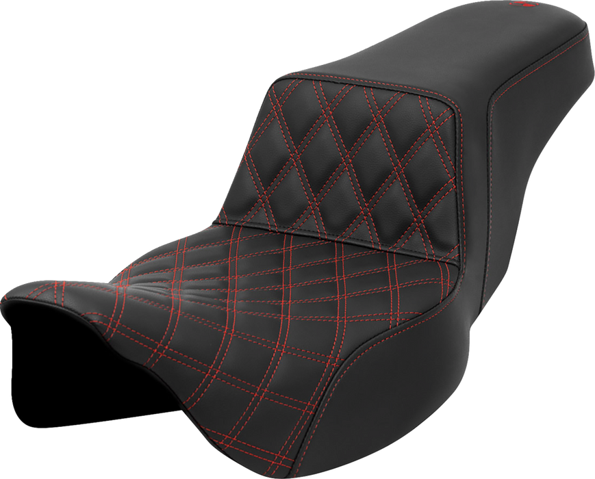 SADDLEMEN Step-Up Seat - Front Lattice Stitch - Red Stitch - Extended Reach - FLH/FLT '08-'23 - A808-07E-172RED - PartsOutlet.com.au