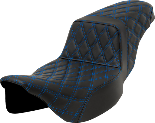 SADDLEMEN Step-Up Seat - Lattice Stitch - Blue Stitch - Extended Reach - FLH/FLT '08-'23 - A808-07E-175BLU - PartsOutlet.com.au