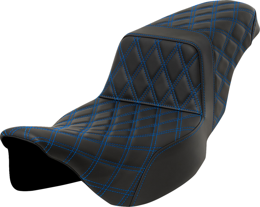 SADDLEMEN Step-Up Seat - Lattice Stitch - Blue Stitch - Extended Reach - FLH/FLT '08-'23 - A808-07E-175BLU - PartsOutlet.com.au