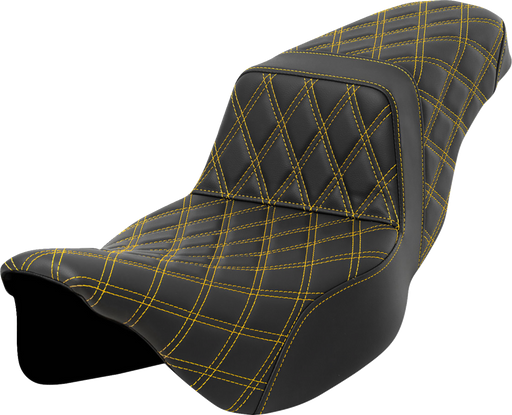 SADDLEMEN Step-Up Seat - Lattice Stitch - Gold Stitch - Extended Reach - FLH/FLT '08-'23 - A808-07E-175GOL - PartsOutlet.com.au