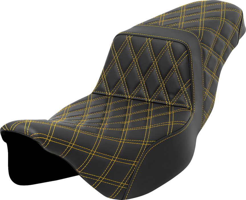 SADDLEMEN Step-Up Seat - Lattice Stitch - Gold Stitch - Extended Reach - FLH/FLT '08-'23 - A808-07E-175GOL - PartsOutlet.com.au