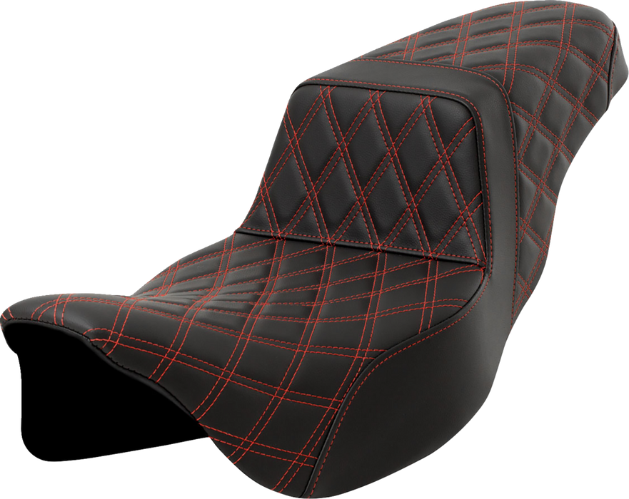 SADDLEMEN Step-Up Seat - Lattice Stitch - Red Stitch - Extended Reach - FLH/FLT '08-'23 - A808-07E-175RED - PartsOutlet.com.au