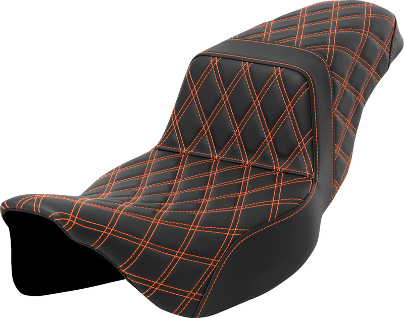 SADDLEMEN Step-Up Seat - Lattice Stitch - Orange Stitch - Extended Reach - FLH/FLT '08-'23 - A808-07E-175ORA - PartsOutlet.com.au