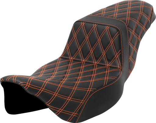 SADDLEMEN Step-Up Seat - Lattice Stitch - Orange Stitch - Extended Reach - FLH/FLT '08-'23 - A808-07E-175ORA - PartsOutlet.com.au