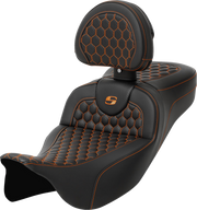 SADDLEMEN RoadSofa Seat - Honeycomb - Orange Stitch - with Backrest - FLH/FLT '08-'23 - A808-07R-189ORA - PartsOutlet.com.au