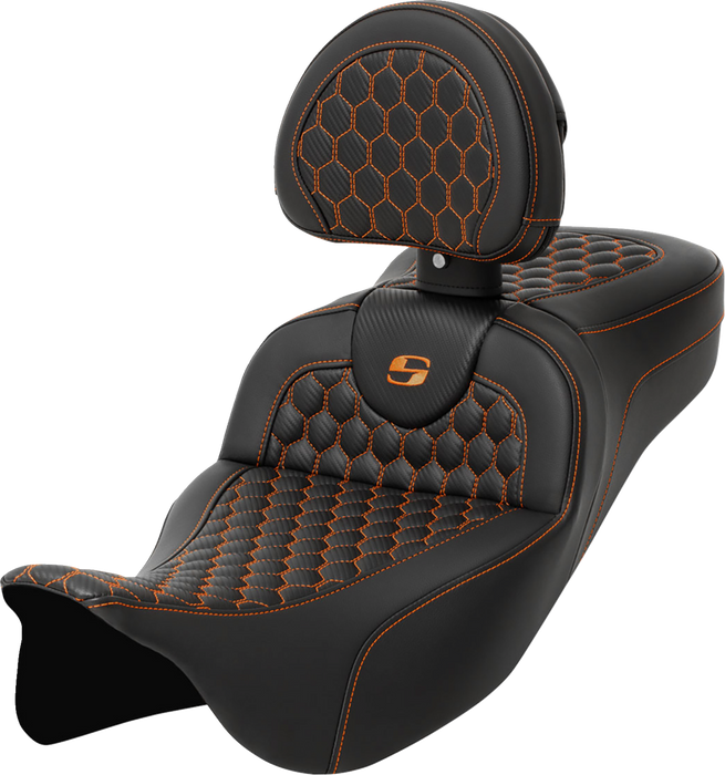 SADDLEMEN RoadSofa Seat - Honeycomb - Orange Stitch - with Backrest - FLH/FLT '08-'23 - A808-07R-189ORA - PartsOutlet.com.au