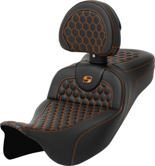 SADDLEMEN RoadSofa Seat - Honeycomb - Orange Stitch - with Backrest - Extended Reach - FLH/FLT '08-'23 A808-07R-190ORA - PartsOutlet.com.au