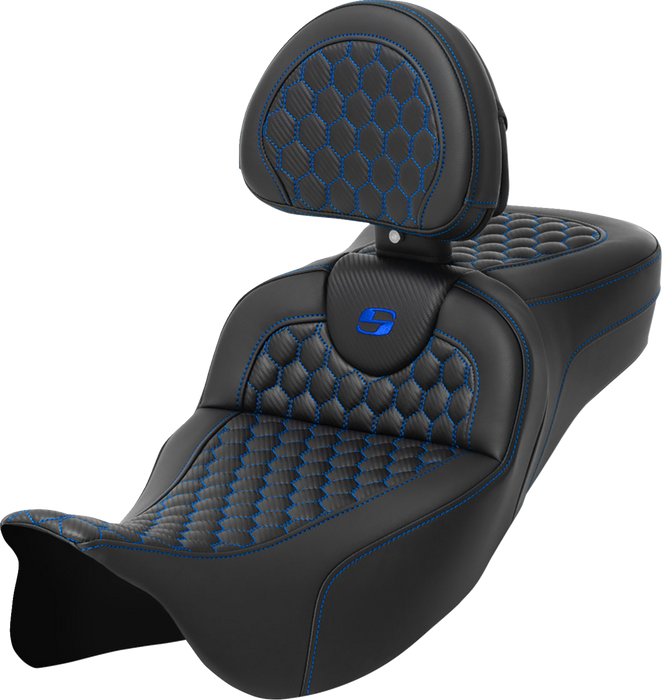 SADDLEMEN RoadSofa Seat - Honeycomb - Blue Stitch - with Backrest - Extended Reach - LH/FLT '08-'23 A808-07R-190BLU - PartsOutlet.com.au