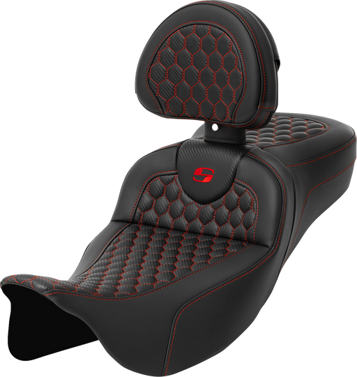 SADDLEMEN RoadSofa Seat - Honeycomb - Red Stitch - with Backrest - Extended Reach - FLH/FLT '08-'23 A808-07R-190RED - PartsOutlet.com.au