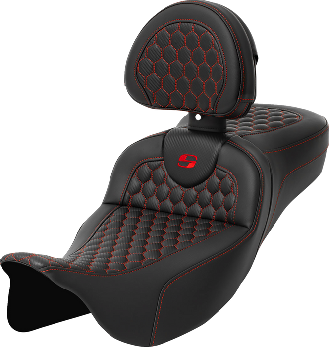 SADDLEMEN RoadSofa Seat - Honeycomb - Red Stitch - with Backrest - Extended Reach - FLH/FLT '08-'23 A808-07R-190RED - PartsOutlet.com.au