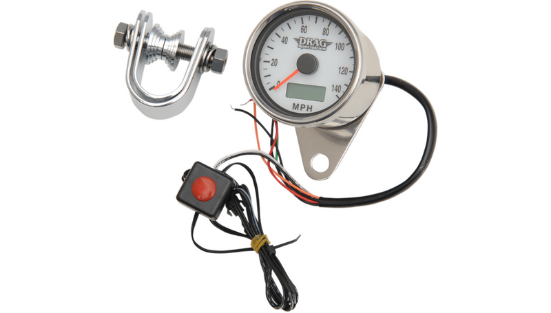 DRAG SPECIALTIES 2.4" MPH Programmable Mini Electronic Speedometer with Odometer/Tripmeter - Polished - White Face - Harley-Davidson '86-'03 - 21-6893DSWNU