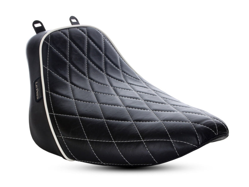 LE PERA Bare Bones Solo Seat With White Diamond Stitch & Piping. Fits Softail Deluxe & Heritage Softail Classic 2018up - LYX-007DMWTP - PartsOutlet.com.au