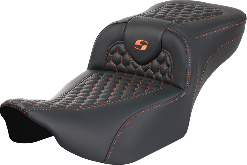 SADDLEMEN Roadsofa Extended Reach Seat - without Backrest - Honeycomb - Orange Stitch - FLTR/FLHX '23-'24 823-07-19003 - PartsOutlet.com.au