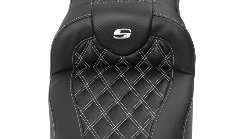 SADDLEMEN Roadsofa Extended Reach Seat - with Backrest - Lattice Stitch - White Stitch - FLTR/FLHX '23-'25 - 823-07-207B6