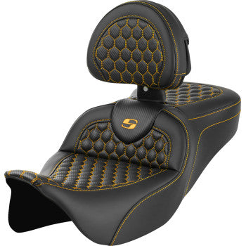 SADDLEMEN RoadSofa Seat - Honeycomb - Gold Stitch - with Backrest - FLH/FLT '08-'23 A808-07R-189GOL - PartsOutlet.com.au