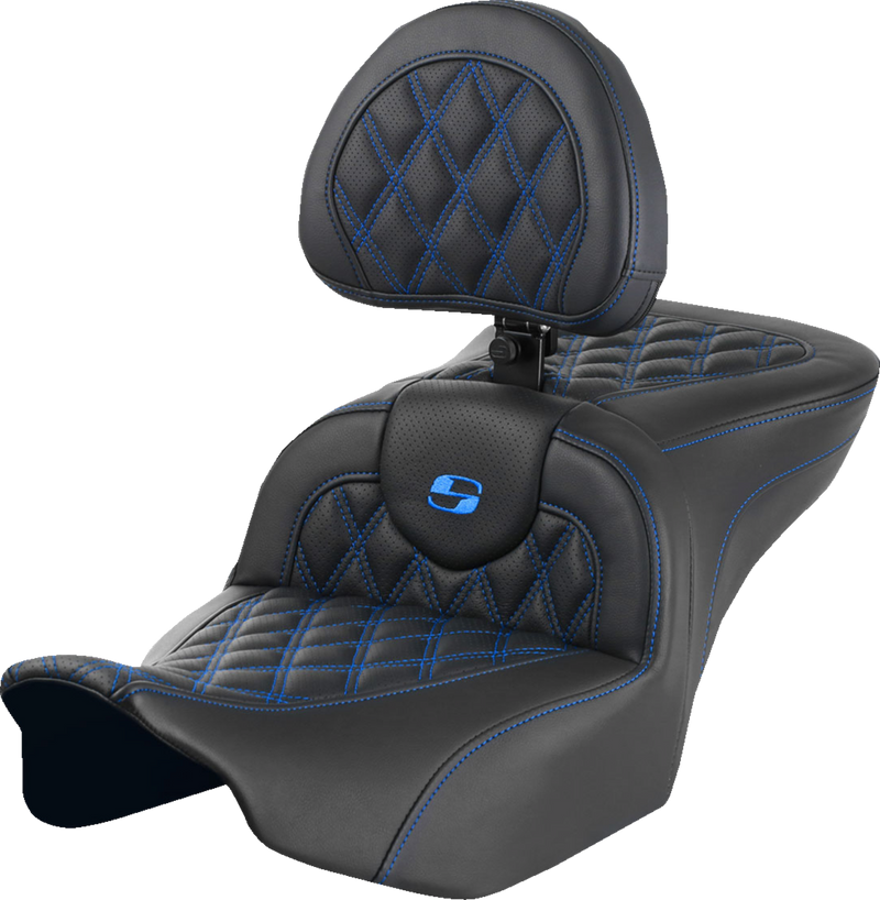 SADDLEMEN RoadSofa Seat - with Backrest - Lattice Stitch - Blue Stitch - FLTR/FLHX '23-'24 823-07-182B1 - PartsOutlet.com.au