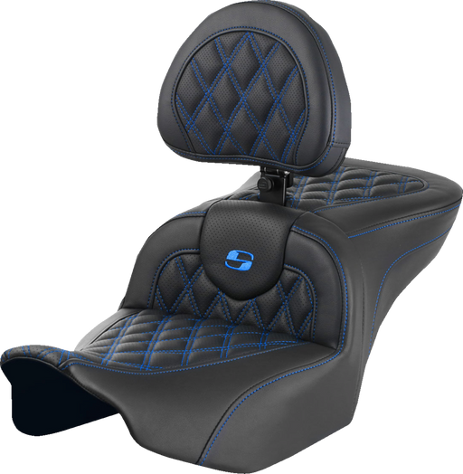 SADDLEMEN RoadSofa Seat - with Backrest - Lattice Stitch - Blue Stitch - FLTR/FLHX '23-'24 823-07-182B1 - PartsOutlet.com.au