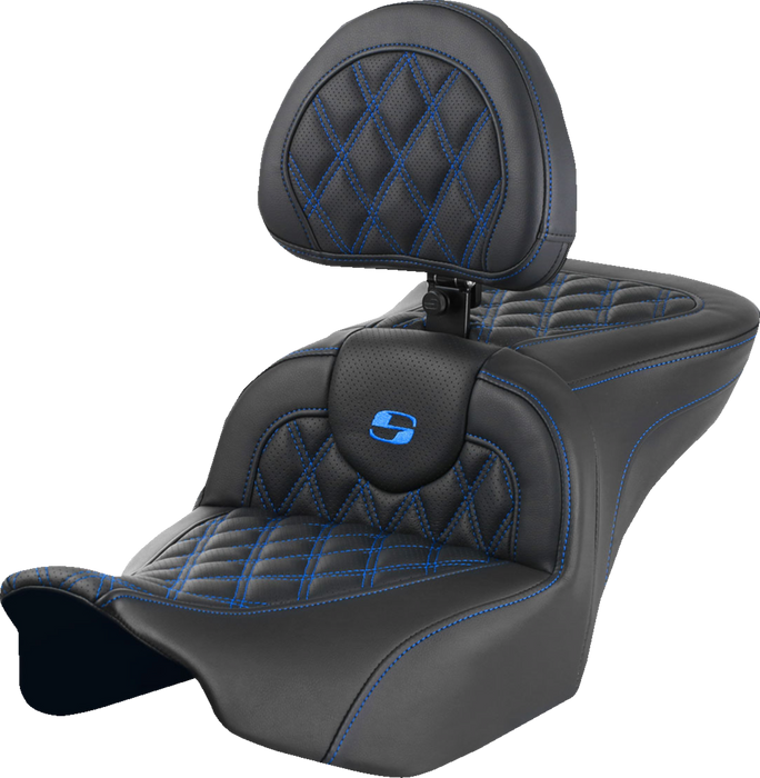 SADDLEMEN RoadSofa Seat - with Backrest - Lattice Stitch - Blue Stitch - FLTR/FLHX '23-'24 823-07-182B1 - PartsOutlet.com.au