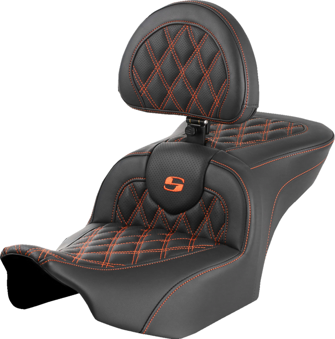 SADDLEMEN RoadSofa Seat - with Backrest - Lattice Stitch - Orange Stitch - FLTR/FLHX '23-'24 823-07-182B3 - PartsOutlet.com.au