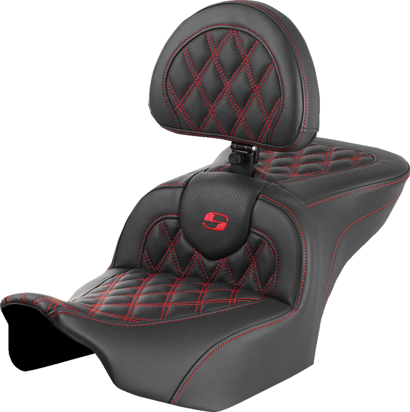 SADDLEMEN RoadSofa Seat - with Backrest - Lattice Stitch - Red Stitch - FLTR/FLHX '23-'24 823-07-182B4 - PartsOutlet.com.au