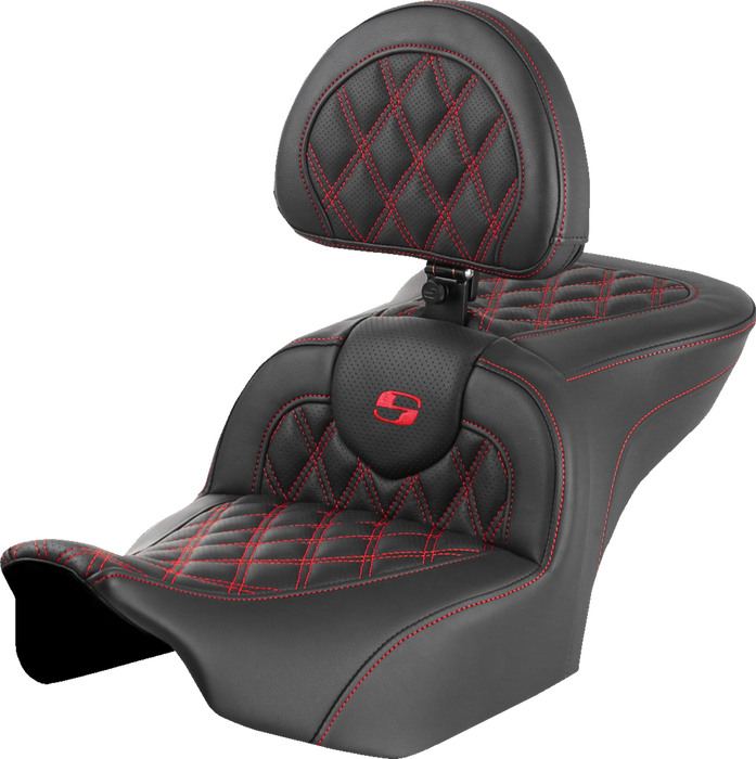 SADDLEMEN RoadSofa Seat - with Backrest - Lattice Stitch - Red Stitch - FLTR/FLHX '23-'24 823-07-182B4 - PartsOutlet.com.au