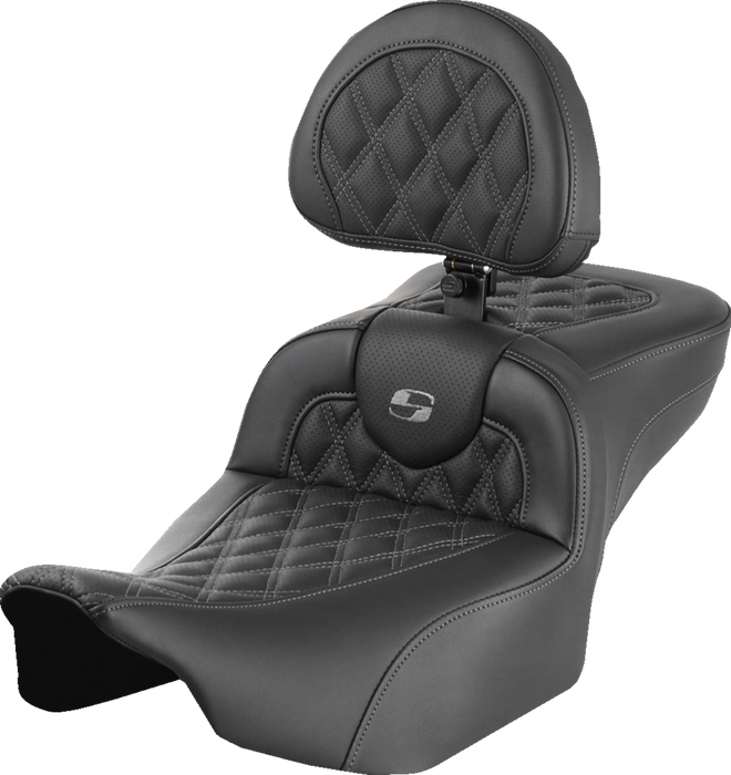 SADDLEMEN Roadsofa Extended Reach Seat - with Backrest - Lattice Stitch - Gray Stitch - FLTR/FLHX '23-'24 823-07-184B2 - PartsOutlet.com.au