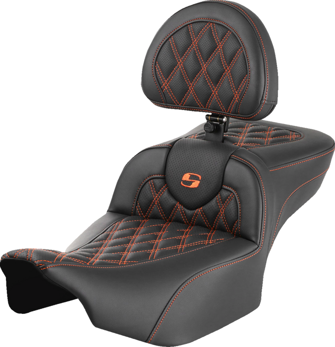 SADDLEMEN Roadsofa Extended Reach Seat - with Backrest - Lattice Stitch - Orange Stitch - FLTR/FLHX '23-'24 823-07-184B3 - PartsOutlet.com.au