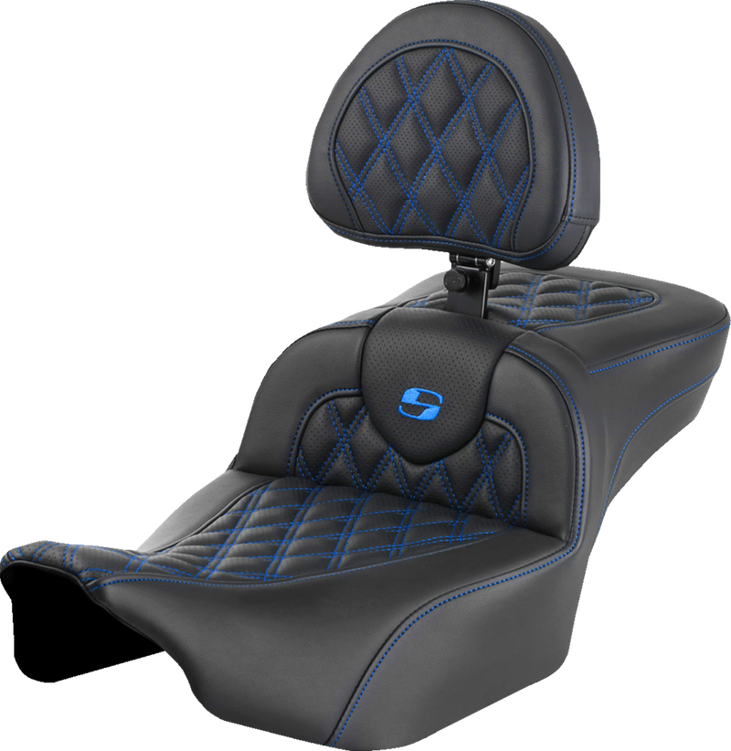 SADDLEMEN Roadsofa Extended Reach Seat - with Backrest - Lattice Stitch - Blue Stitch - FLTR/FLHX '23-'24 823-07-184B1 - PartsOutlet.com.au