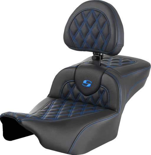 SADDLEMEN Roadsofa Extended Reach Seat - with Backrest - Lattice Stitch - Blue Stitch - FLTR/FLHX '23-'24 823-07-184B1 - PartsOutlet.com.au