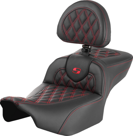 SADDLEMEN Roadsofa Extended Reach Seat - with Backrest - Lattice Stitch - Red Stitch - FLTR/FLHX '23-'24 823-07-184B4 - PartsOutlet.com.au