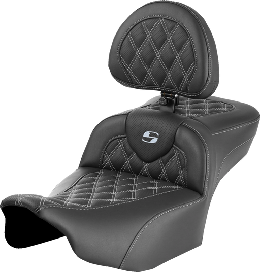 SADDLEMEN Roadsofa Extended Reach Seat - with Backrest - Lattice Stitch - Silver Stitch - FLTR/FLHX '23-'24 823-07-184B5 - PartsOutlet.com.au