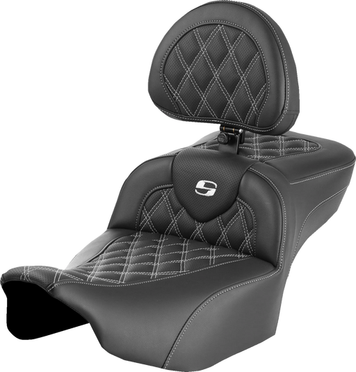 SADDLEMEN Roadsofa Extended Reach Seat - with Backrest - Lattice Stitch - White Stitch - FLTR/FLHX '23-'24 823-07-184B6 - PartsOutlet.com.au