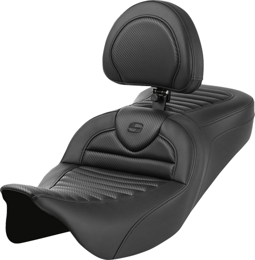 SADDLEMEN Roadsofa Seat - with Backrest - Tuck-n-Roll - Carbon Fiber - FL '08-'23 808-07B-204B0 - PartsOutlet.com.au