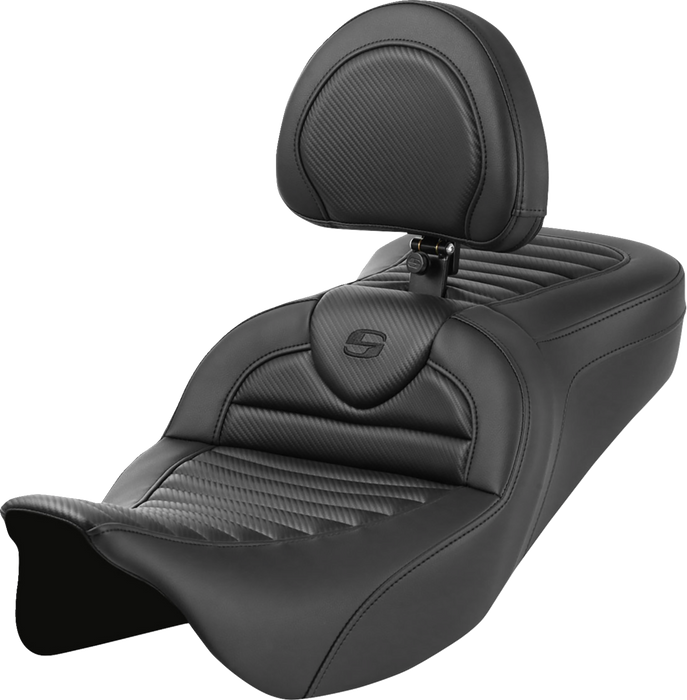 SADDLEMEN Roadsofa Seat - with Backrest - Tuck-n-Roll - Carbon Fiber - FL '08-'23 808-07B-204B0 - PartsOutlet.com.au