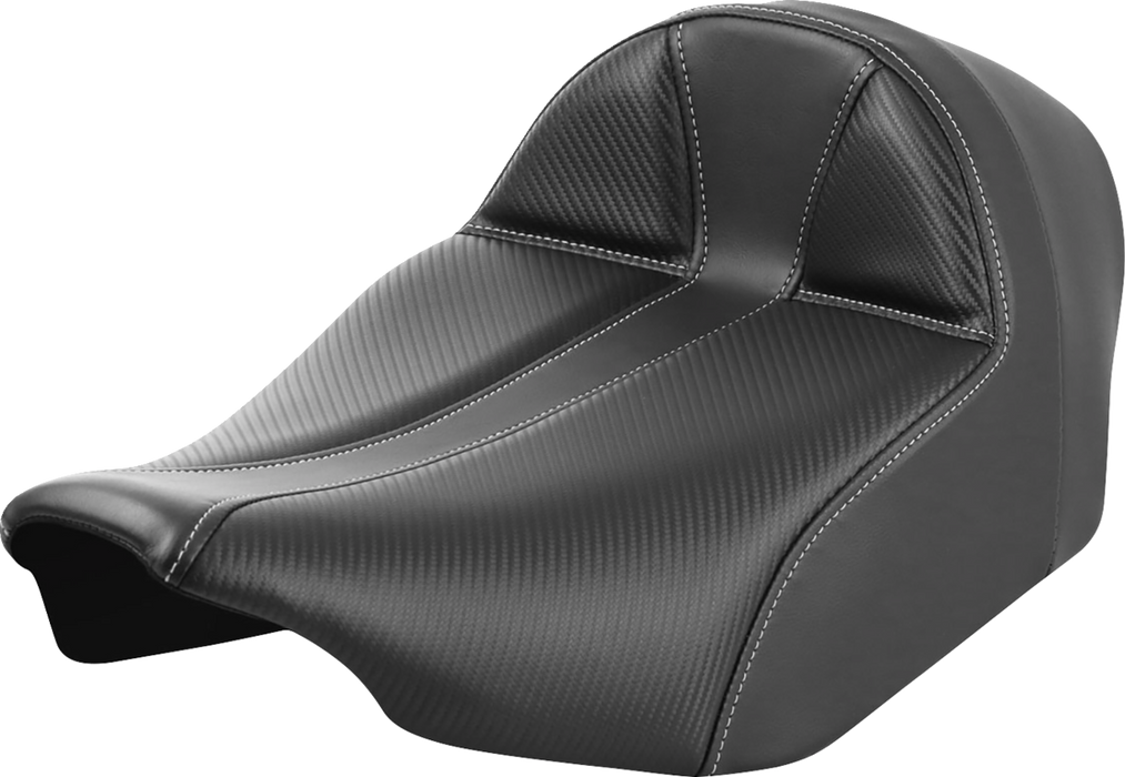 SADDLEMEN Dominator Solo Seat - Carbon Fiber w/ Silver Stitch - Extended Reach - FLT/FLH '23-'24 - 823-07E-0042 - PartsOutlet.com.au