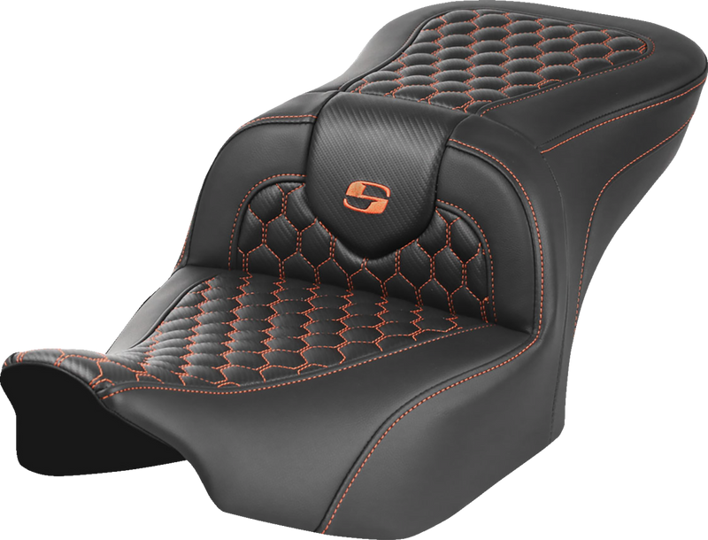 SADDLEMEN Roadsofa Seat - without Backrest - Honeycomb - Orange Stitch - FLTR/FLHX '23-'24 - 823-07-18903 - PartsOutlet.com.au